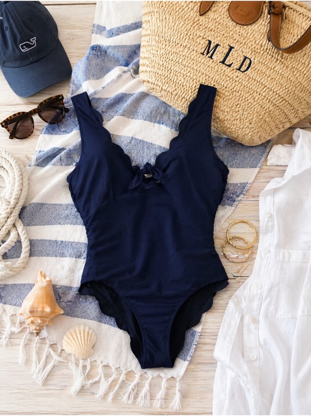 J.CREW Women's Navy Blue Scalloped Edge Tie Bow One Piece Swimsuit L